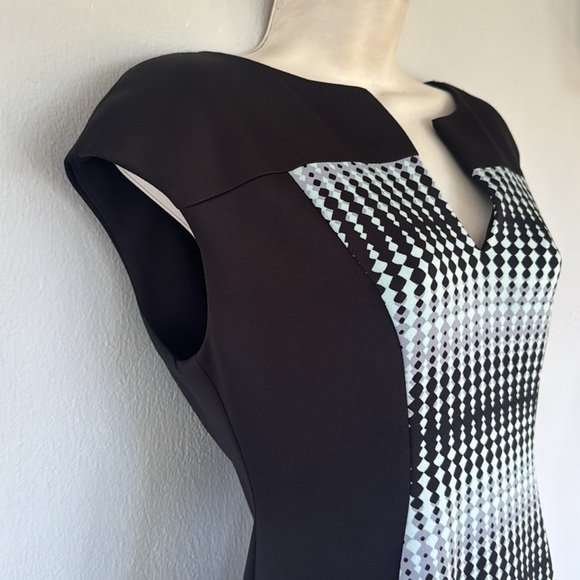 Connected Apparel black blue abstract dot stretch bodycon cap sleeve dress 6P - Picture 5 of 11